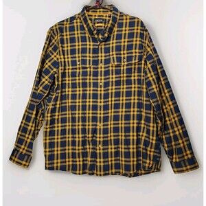 Orvis Shirt Mens Large Flannel Active Fit Button Down Flex Plaid Blue Orange LS